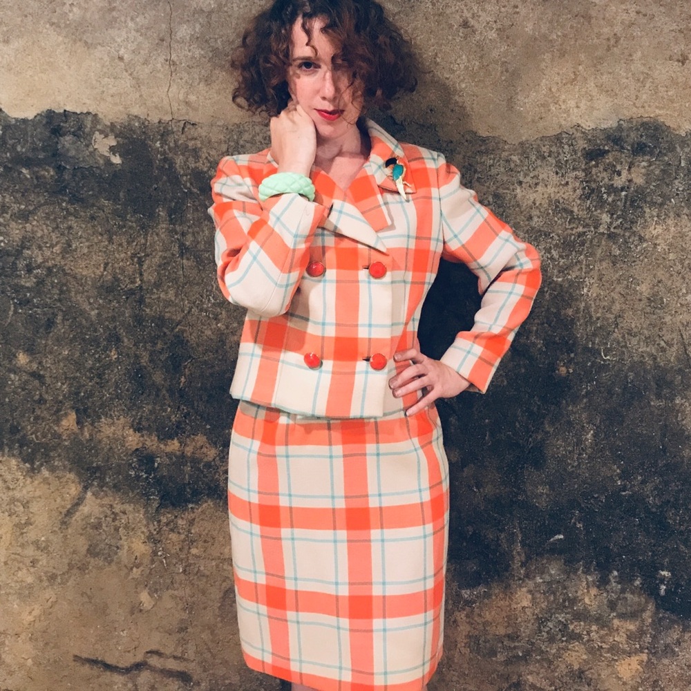 vintage mod plaid skirt suit Chester Weinberg